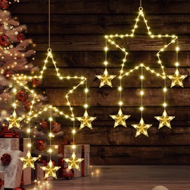 Therlan Pack of 2 LED Christmas Window Decoration, 62 LEDs Window Decoration, 8 Light Modes, USB, Christmas Star Lighting, Christmas Decoration, Illuminated Star, Warm White