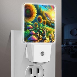 Jahiona LED Night Light Lamp with Smart Sensor Dusk to Dawn Sensor,Sunflower Filled Field Colorful Mushrooms Chipmunks Flying Butterflies And Radiant Sun Night Light Daylight White,0.5W Plug-into Wall