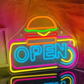Looklight Hamburger Open Neon Sign Burger Neon Light Sign for Burger Shop, Open Signs Hamburger Neon Lights Business Signs for Restaurant Kitchen Store Burger Shop Fast Food Shop Party