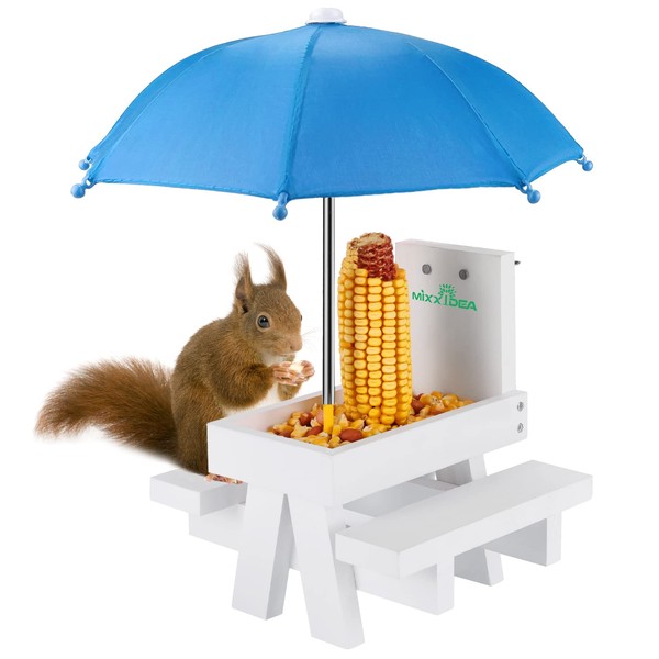 MIXXIDEA Squirrel Feeder Table with Umbrella, Wooden Squirrel Picnic Table Feeder, Durable Squirrel Feeder Corn Cob Holder, with Solid Structure and 2 x Thick Benches(White&Blue)
