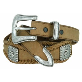 Mens Western Bucking Bronco Berry Concho Genuine Leather Scalloped Belt (Brown, 32)
