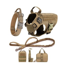 ADA Tactical Soft Dog Vest Harness and Training Dog Collar with Bungee Dog Leash Set No Pull Military Dog Harness with 3 Detachable Pouches for Outdoor Training Service. (Brown, Medium)
