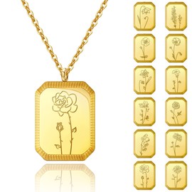 Anavia 18K Gold Plated Birth Month Flower Necklace, Minimalist Dainty Rectangle Floral Engraved Jewelry for Her, Love Connection Birthday Gift for Women Mother Wife Teen Girl Sister Friend (06 - June - Rose)