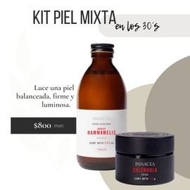 KIT PARA PIEL MIXTA EN LOS 30´s. Contiene un Tónico Facial de Agua de Hammamelis (240ml) y una Crema Facial de Caléndula (50ml). 100% Ingredientes Naturales, sin químicos.