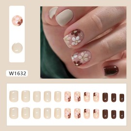 24 Pcs Flower Press on Nails Square Fake Nails Short Acrylic Nails with Gold Glitters Design Brown Glue on Nails Artificial Glossy Full Cover Autumn Stick on Nails for Women and Girls Fall Nails