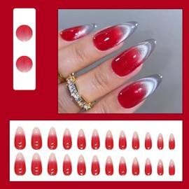 24 Pcs Ombre Red Press on Nails Short Almond - YEFIUO Glitter Fake Nails Press ons Nail Art Tips Glue on Nails with Cat's Eye French Design Full Cover False Nails Stick on Nails Acrylic Nail Art Kit