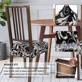SearchI Stretch Dining Chair Seat Covers Set of 6, Soft Removable Washable Seat Covers for Dining Chairs, Dining Room Seat Cover Slipcover Protector (Rear-Covered, Black Flower)