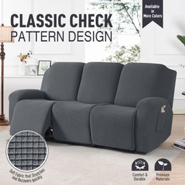 TAOCOCO Recliner Sofa Covers 8-Pieces Stretch Large Couch Covers for 3 Seats Reclining Slipcovers Soft Jacquard Pattern Furniture Protector (Charcoal Grey)