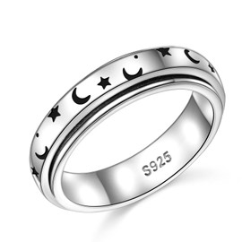 JZMSJF S925 Sterling Silver Moon and Star Spinner Fidget Ring Stress Relieving Anxiety Ring Engagement Wedding Promise Jewelry for Women Men (7)