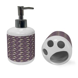 Ambesonne Tea Party Soap Dispenser & Toothbrush Holder Set, Dachshund Dogs Sitting Inside Cups and Wildflowers Aster Pets Graphic, Ceramic Bathroom Toiletry Accessories, 2 Pcs, Eggplant Multicolor