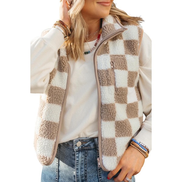 EARKOHA Womens Winter Sleeveless Fleece Top Casual Collar Khaki Checkered