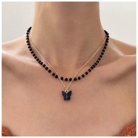 Erimberate Bohemian Black Rosary Bead Chain Necklace Layered Crystal Butterfly Necklace Gold Butterfly Pendant Necklace Layered Butterfly Choker Necklace Jewelry for Women and Girls Gifts