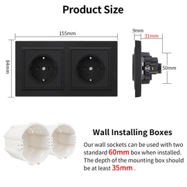 JIMEIDA Double Socket Black Smooth Skin Feel Double with Plug-In Terminal 16 Amp Schuko Socket Wall Socket 155 x 84 mm, 250 V (Cannot Be Installed Vertically)
