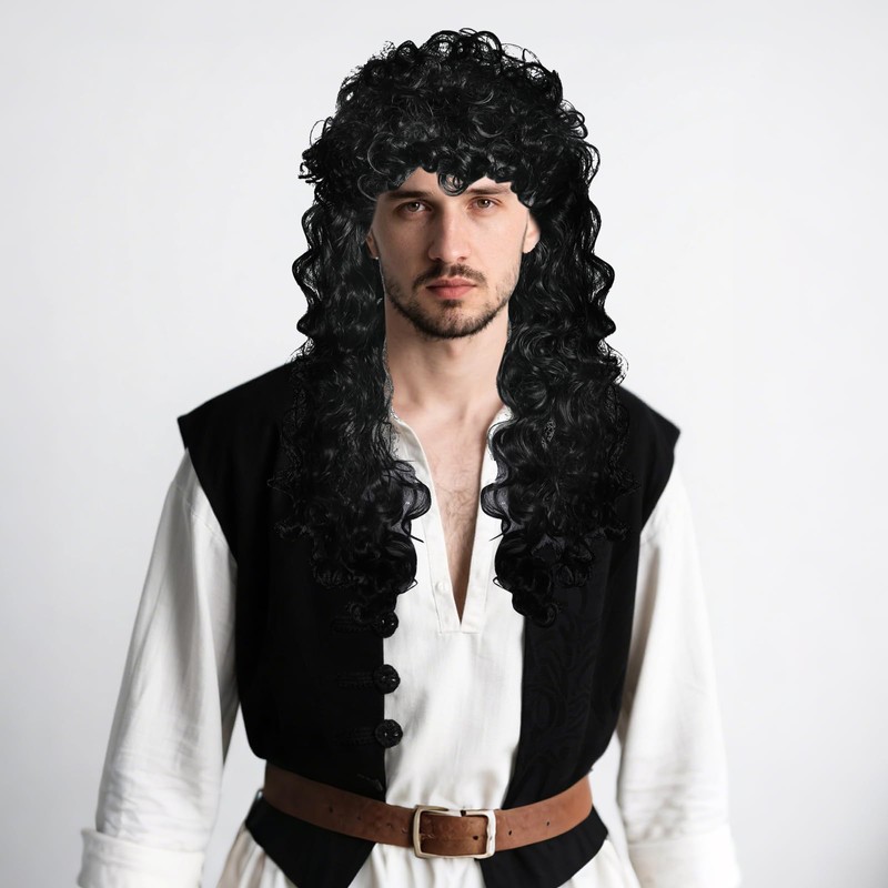 Sdfvsdg Pirate Captain Wigs Long Black Wavy Curly Pirate Costume
