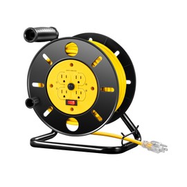 DEWENWILS Retractable Extension Cord Reel, 80FT Heavy Duty Open Cord Reel for Indoor Outdoor, 14/3 AWG SJTW, 4 Grounded Outlets, 13 Amp Circuit Breaker,Handle Rewind, Metal Stand, ETL Listed