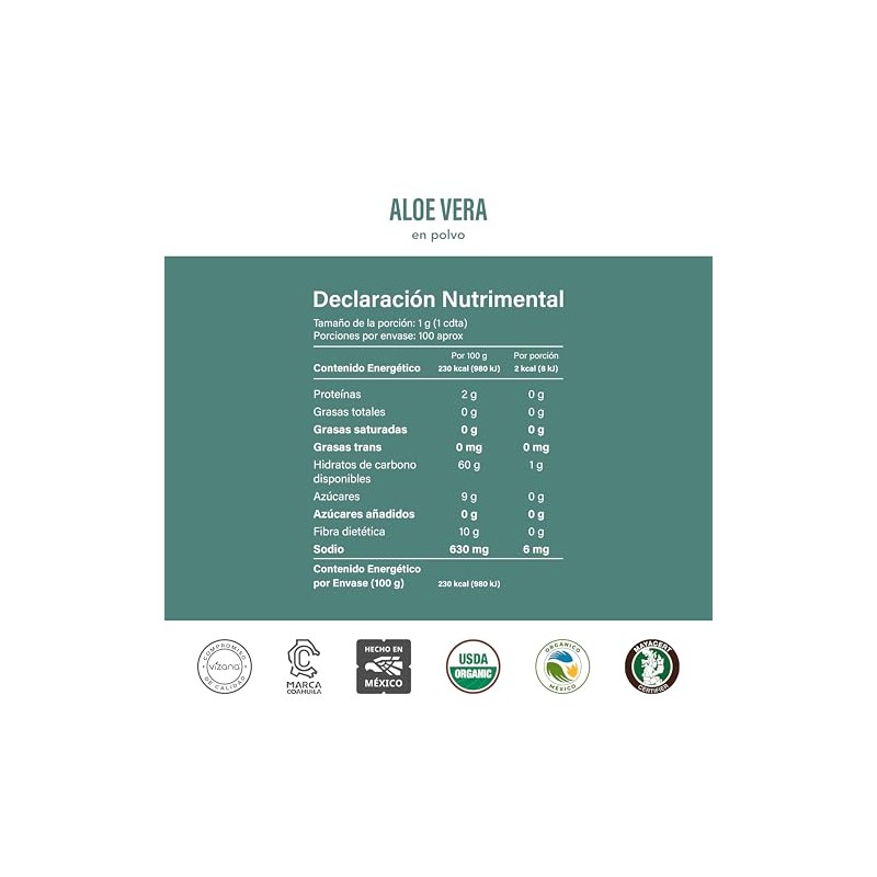 VIZANA NUTRITION | Aloe Vera Orgánica Certificada USDA en Polvo
