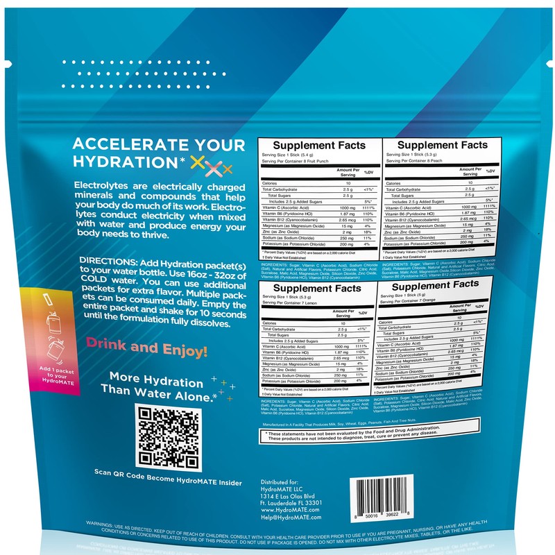 HydroMATE Electrolyte Powder Variety Pack Hydration Packets Low Sugar 30