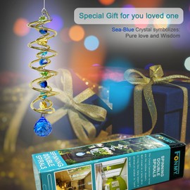 FONMY Gazing Ball Spiral Tail -Decorative Wind Spinner Sun Catcher Rainbow Maker Golden Double-Spiral W/Sea Blue Crystal Ball and Chain Crystals Beads for Indoor Outdoor Garden Decoration -14 inch H