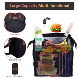 ZATOGOO Insulated Lunch Bags for Women, 17L Insulated Lunch Tote Bags Reusable Cooler Bag Waterproof Leakproof Portable Lunch Box with Shoulder Strap for Office Work, Beach, Hiking, Picnic - Black