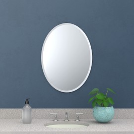 Gatco 1800 Bathroom Wall Mirror, 27"H x 20"W Modern mirror for Living Room, Vanity, Slim Design Beveled Frameless Oval mirror - Easy Mount Safety Bracket
