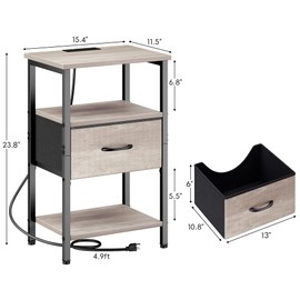 Vagusicc Nightstand with Charging Station, Side Table with Adjustable Drawer, End Table with 3 Tier Storage Shelf for Living Room, Tall Bedside Table, Rustic Small Night Stand for Bedroom, Grey