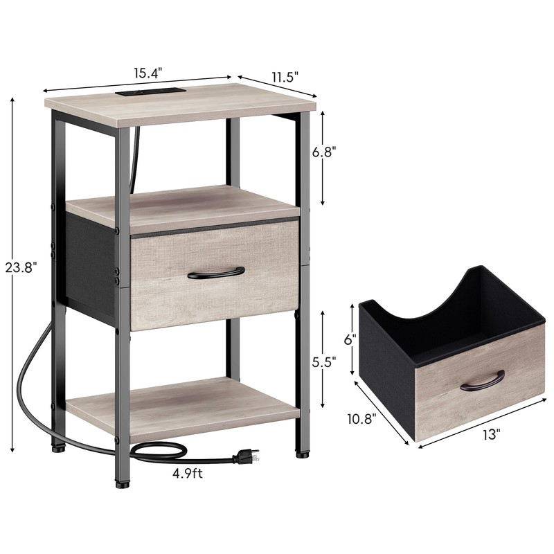 Vagusicc Nightstand with Charging Station, Side Table with Adjustable Drawer,