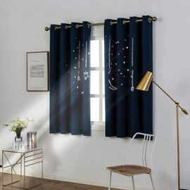 MANGATA CASA Kids Star Blackout Curtains Grommet Thermal 2 Panels for Bed Room,Cutout Galaxy Window Curtain Darkening Drapes for Nursery Living Room(Navy 52x63in)
