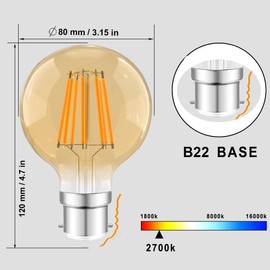 Vanpus B22 LED Edison Bulb 6W (Equivalent to 60W) No Flicker, Constant Current Edison LED Bulb，G80 Warm White, Dimmable, (Pack of 4)