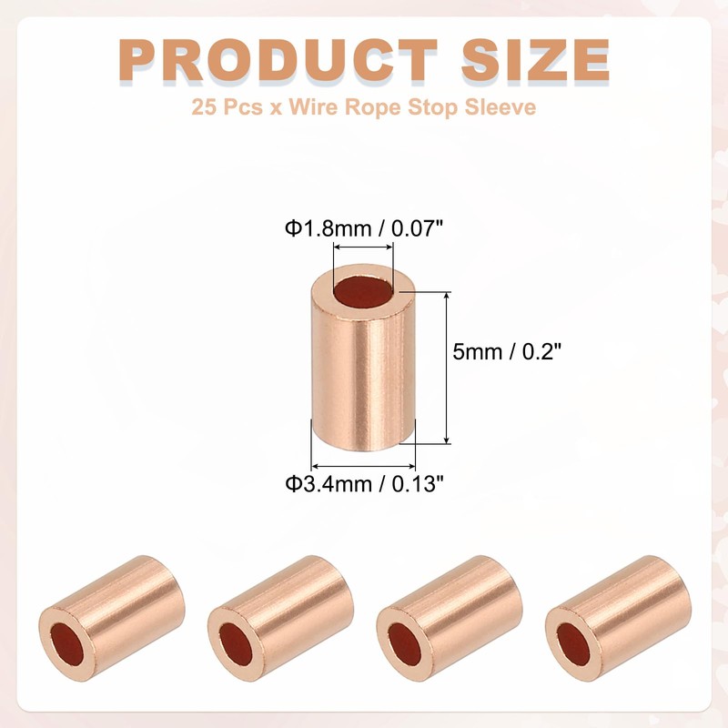 sourcing map 1/16"(1.5mm) Wire Rope Stop Sleeve, Copper Crimping Loops