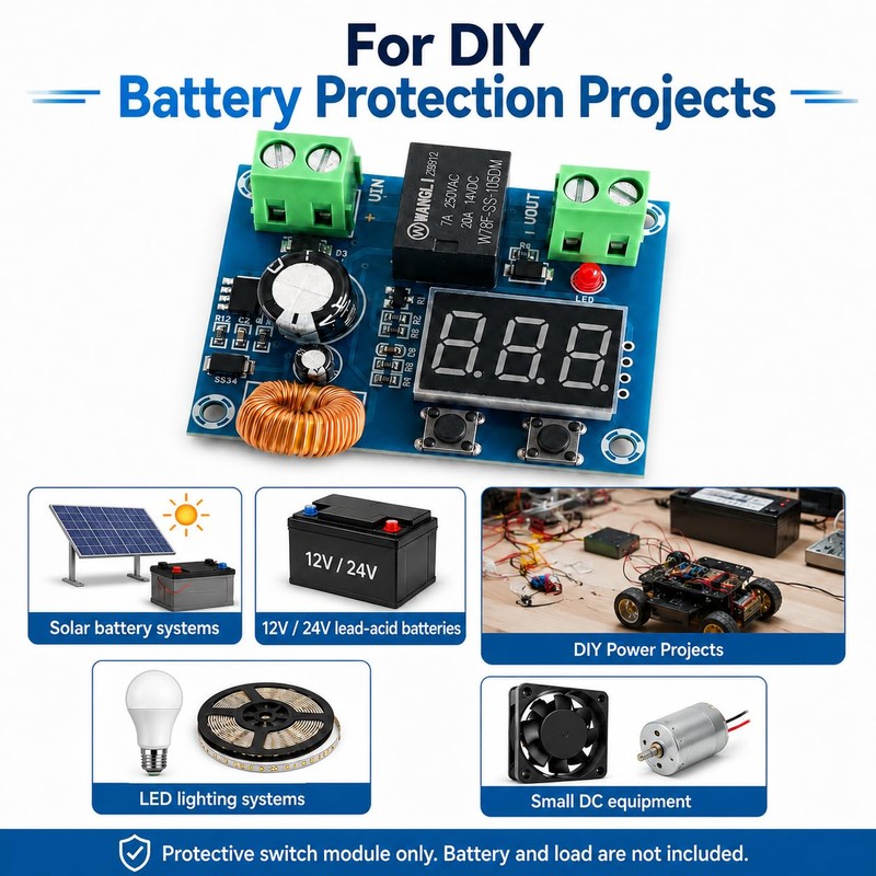 12V–36V DC Low Voltage Cutoff Module, Programmable Battery Voltage Protector