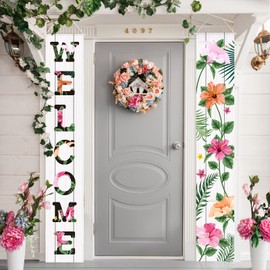 Frienda 2 Pcs Welcome Floral Porch Banners Spring Summer Flower Hanging Flag Porch Sign for Front Door Outdoor Seasonal Holiday Wedding Yard Decor Farmhouse Indoor Wall Backdrop(Bright Style)