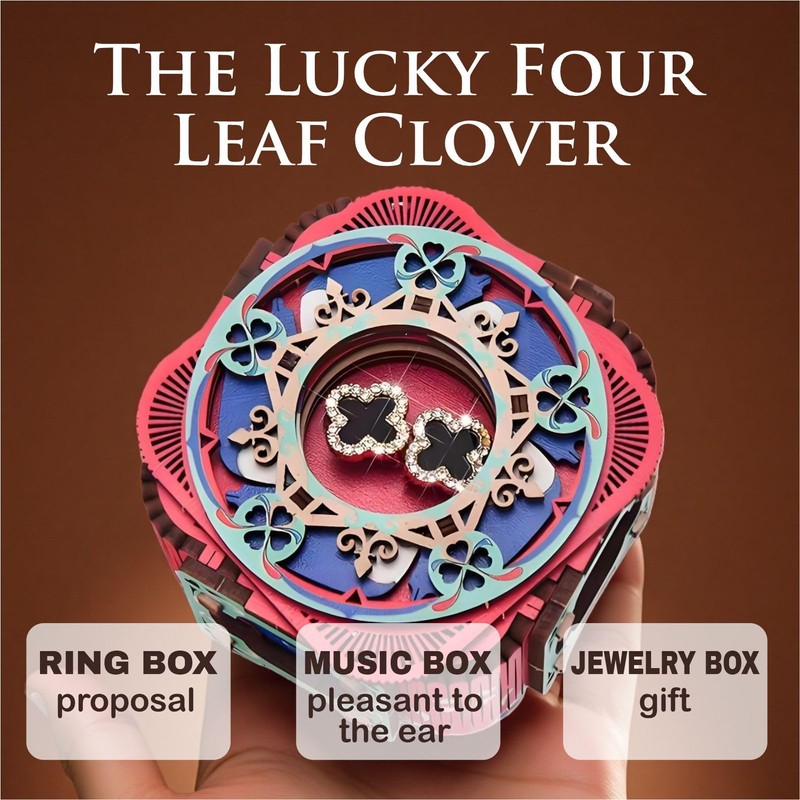 WHNICUST 3D Wooden Puzzle Music Box with Light Up Four-Leaf