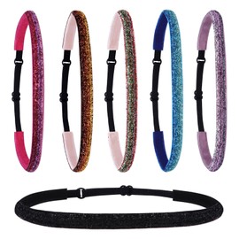 6 Glitter Headbands for Girls,Adjustable Headband for Women,Soft Headbands for Girls,Non Slip Thin Elastic Hair Bands Stretch Sport Headband,Sparkly Bling Headband Hair Accessories