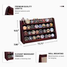 ASmileIndeep 4 Rows Military Wooden Challenge Coin Display Case - Wall Mountable Army Holder Stand Rack, Holds 32 Coins, Mahogany