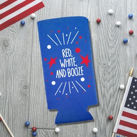 Funny Patriotic Slim Can Coolers - Red White and Booze Spiked Seltzer Coolies - 4th of July, Memorial Day, Summer Coolies - USA Party (Blue)