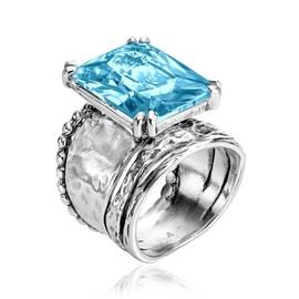 925 Sterling Silver Statement Ring with Octagon Shaped Cubic Zirconia - Hypoallergenic, Nickel & Lead-free - Artisan Handcrafted Designer Collection - Made In Israel - Aquamarine