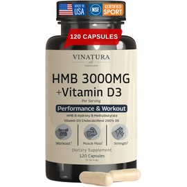 VINATURA HMB 3000mg and Vitamin D3 Supplement - HMB (Beta-Hydroxy Beta-Methylbutyrate), Vitamin D3 (1600 IU), Made in USA & NSF Certified for Sport - 120 Capsules