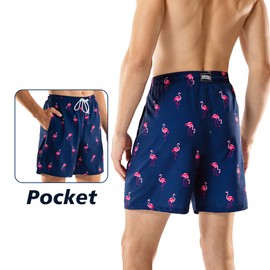 BRISIRA Mens Swim Trunks Swim Shorts 7 inch Compression Liner Bathing Suit Beach Shorts Swimwear Stretch Quick Dry Pockets Flamingo