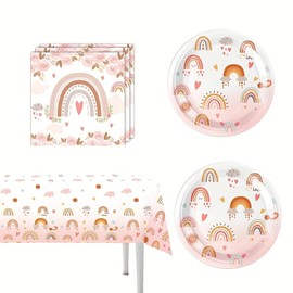41 Rainbow theme party supplies, including 1 tablecloth, 20 napkins, 20 plates, Rainbow theme birthday party decoration supplies.
