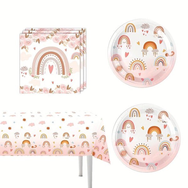 41 Rainbow theme party supplies, including 1 tablecloth, 20 napkins,