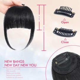 ELEFOCUS Clip in Bangs Real Human Hair Natural Black 100% Human Hair French Bangs Fake Bangs Hair Clip on bangs for women Fringe with Temples Hairpieces Curved Bangs for Daily Wear