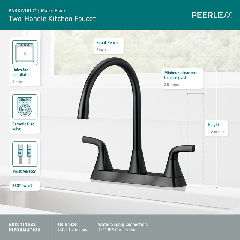 Peerless Parkwood Black Kitchen Faucet, 2-Handle, Matte Black, 360 Swivel,