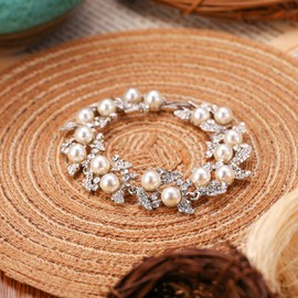 EVER FAITH Austrian Crystal Ivory Color Simulated Pearl Bridal Flower Leaf Bracelet Clear Silver-Tone