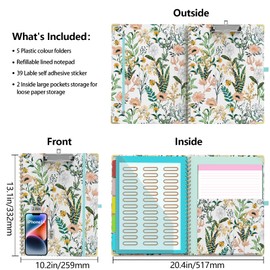 Clipboard Folio with Storage Clipboards Padfolio Notebook for Letter Size (11" x 8.5"), Clipboards with 10 Pockets and 5 Folders Nursing Teacher School Essentials (Beautiful Floral)