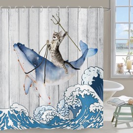 Shower Curtain Funny Cat 180 x 200 cm, Hnmdmyi Cool Cat Riding Whale with Japan Kanagawa Waves on Rustic Wooden Bath Curtain Cute Kids Farm Waterproof Fabric Washable Bath Curtain