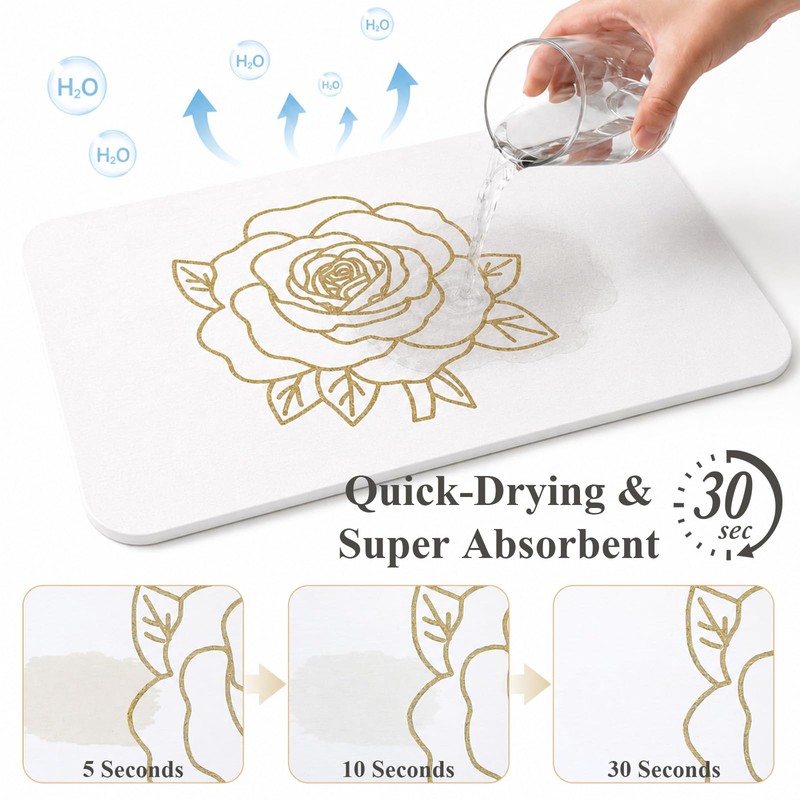 Stone Dish Drying Mat for Kitchen Counter, Glittery Resin Rose