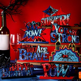 Yuntau 12 Pcs Spider Birthday Party Decorations Spider Wooden Table Decorations Happy Birthday Table Centerpiece Sign for Boy