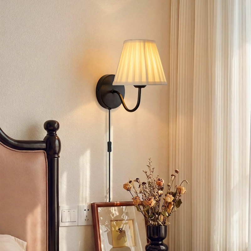 Plug in Wall Sconces with White Fabric Shades, Black Wall