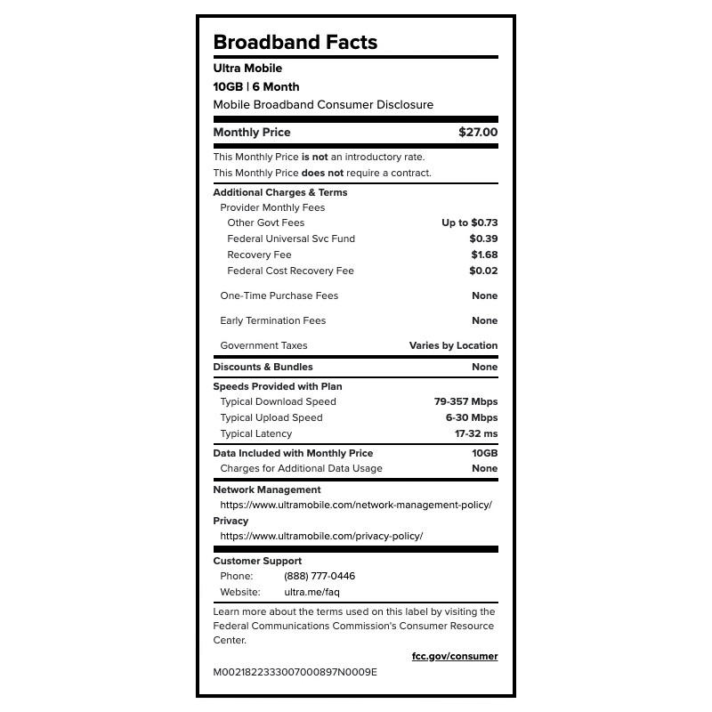 Ultra Mobile $27/mo. Ultra Mobile Prepaid Plan: Unlimited Talk, Text