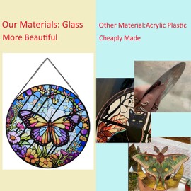 Butterfly Flower Stained Windows Hanging Suncatcher,Crystal Flower Stained Glass Suncatchers Window Ornament Stained Glass Panel Sun Catcher Wall Hanging Decor Birthday Gift